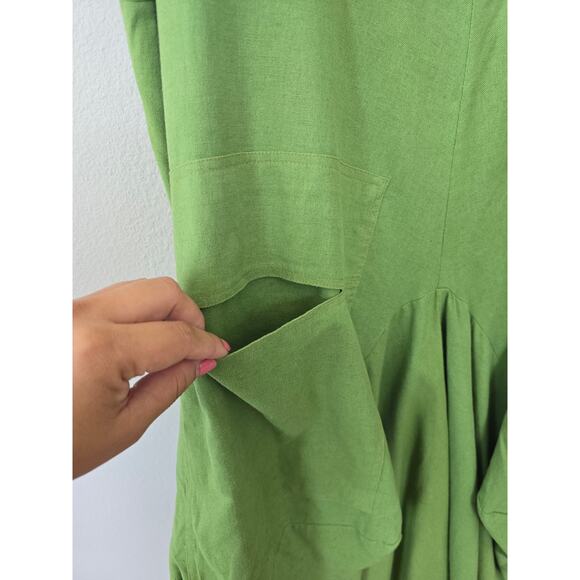 Draped Green Cotton Balloon Dress Size XL Cottagecore Artsy Lagenlook Style - Picture 3 of 8